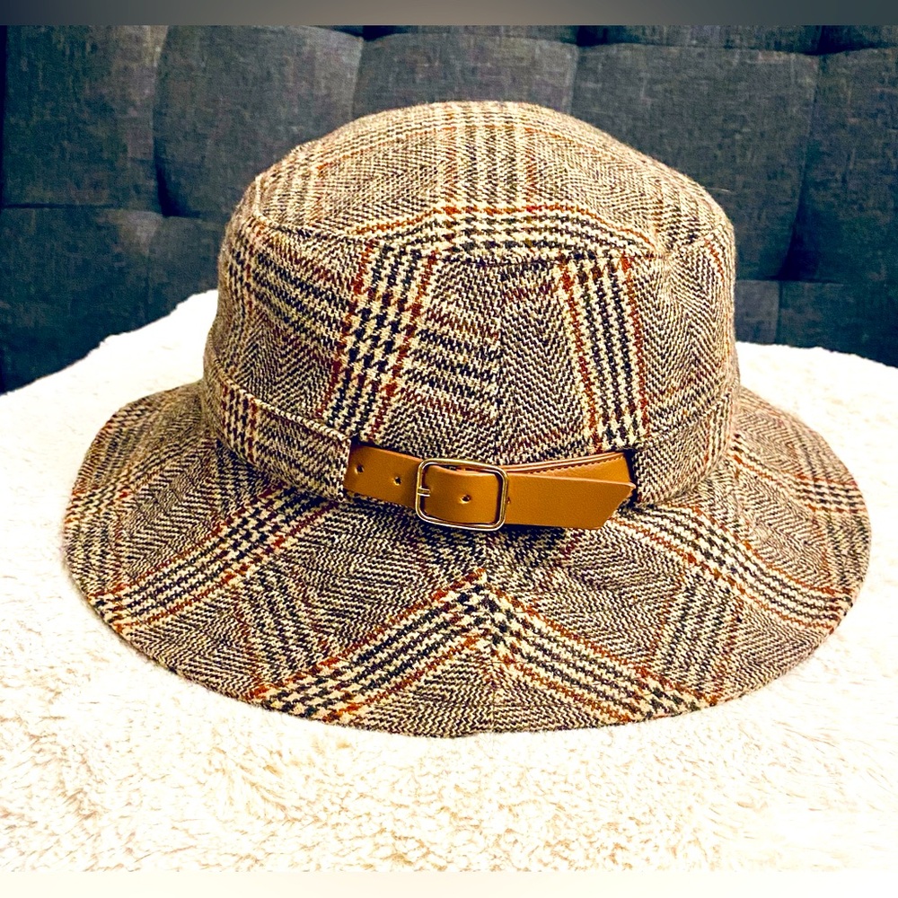 Brown Plaid Bucket Hat with Buckle Accent